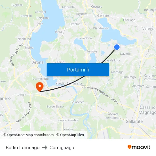 Bodio Lomnago to Comignago map