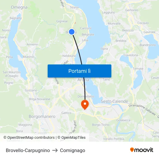 Brovello-Carpugnino to Comignago map