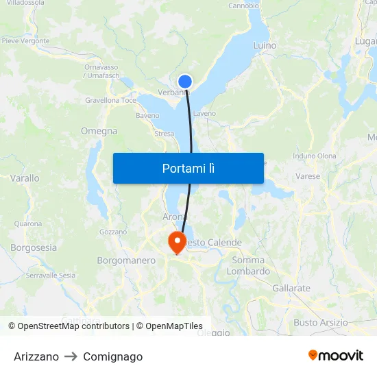 Arizzano to Comignago map