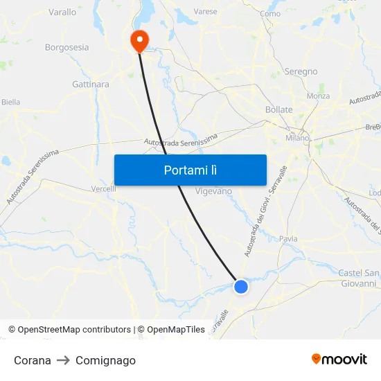 Corana to Comignago map