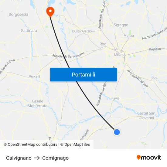 Calvignano to Comignago map