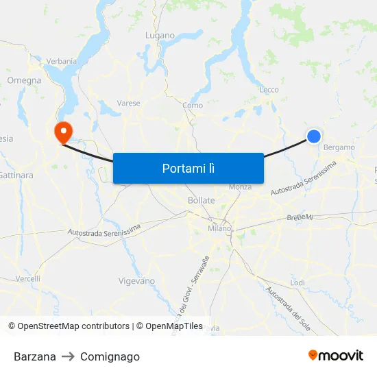 Barzana to Comignago map