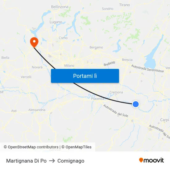 Martignana Di Po to Comignago map