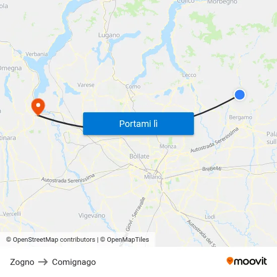 Zogno to Comignago map