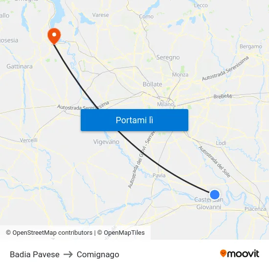 Badia Pavese to Comignago map