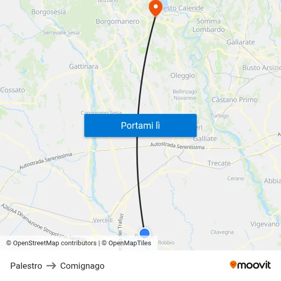 Palestro to Comignago map