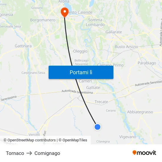 Tornaco to Comignago map