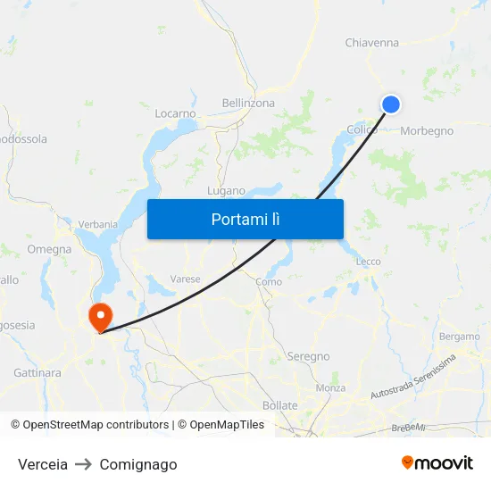 Verceia to Comignago map
