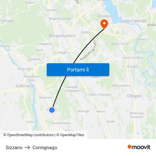 Sizzano to Comignago map