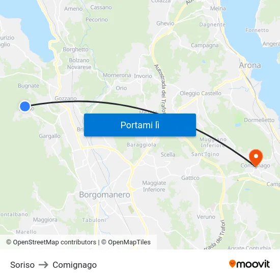 Soriso to Comignago map