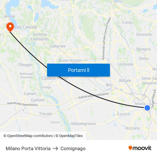 Milano Porta Vittoria to Comignago map
