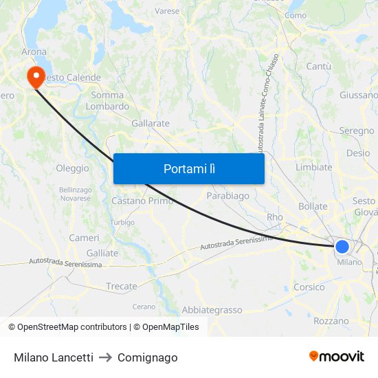 Milano Lancetti to Comignago map
