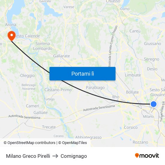 Milano Greco Pirelli to Comignago map