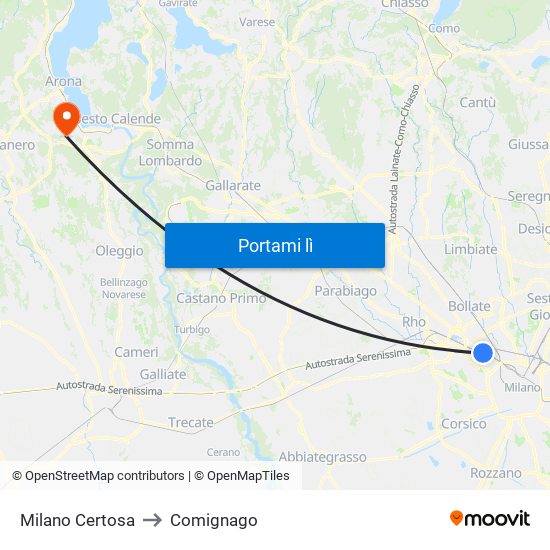 Milano Certosa to Comignago map