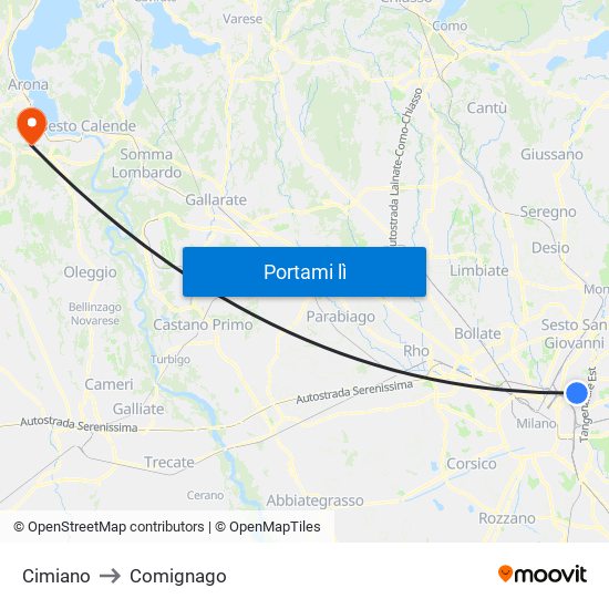 Cimiano to Comignago map