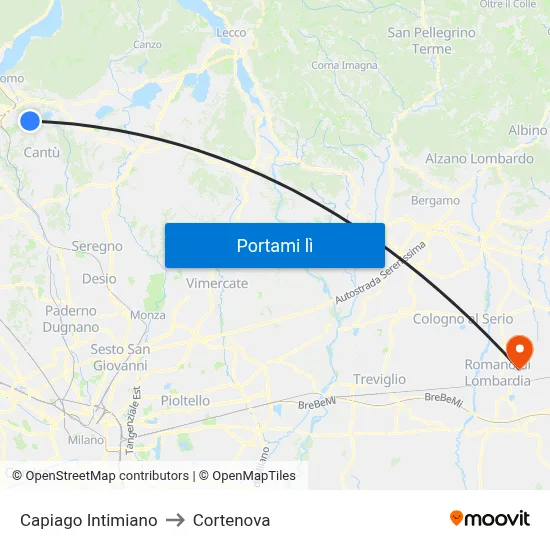 Capiago Intimiano to Cortenova map