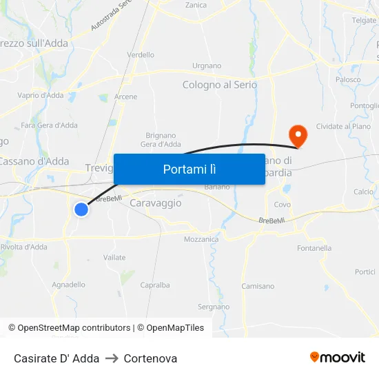 Casirate D' Adda to Cortenova map