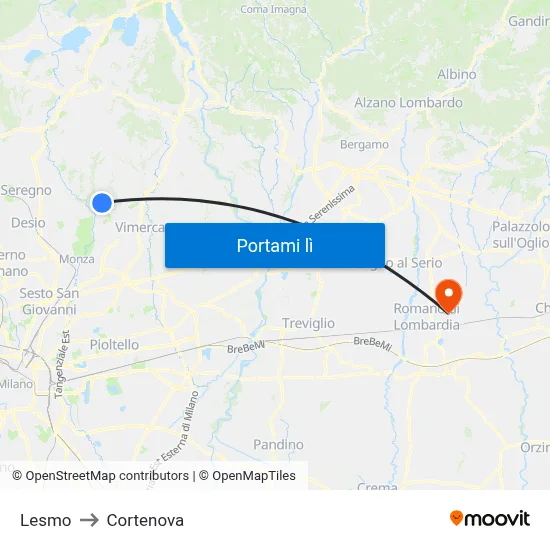 Lesmo to Cortenova map