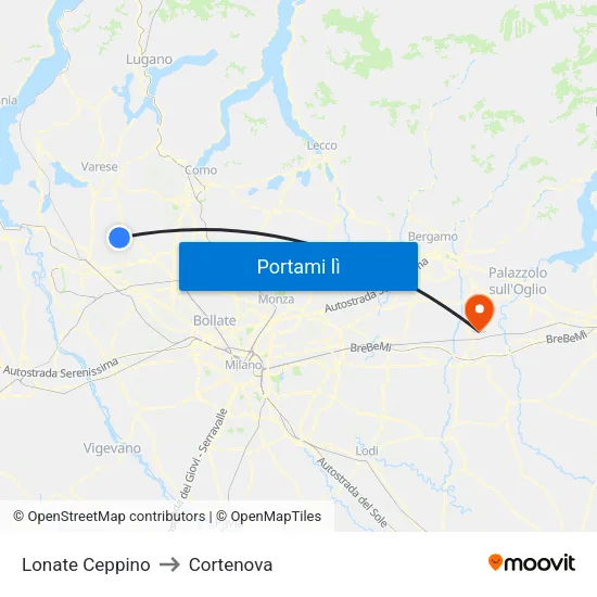Lonate Ceppino to Cortenova map