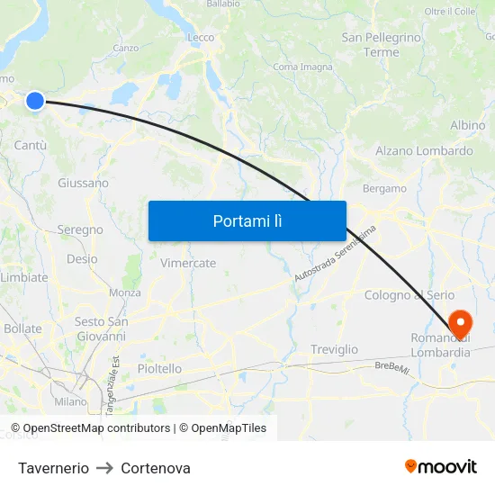 Tavernerio to Cortenova map