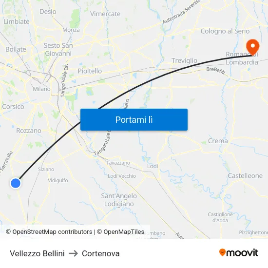 Vellezzo Bellini to Cortenova map