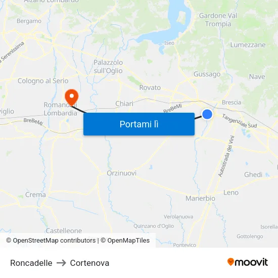 Roncadelle to Cortenova map