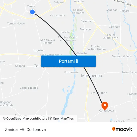 Zanica to Cortenova map