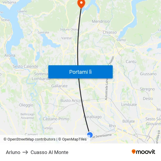 Arluno to Cuasso Al Monte map