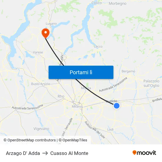 Arzago D' Adda to Cuasso Al Monte map