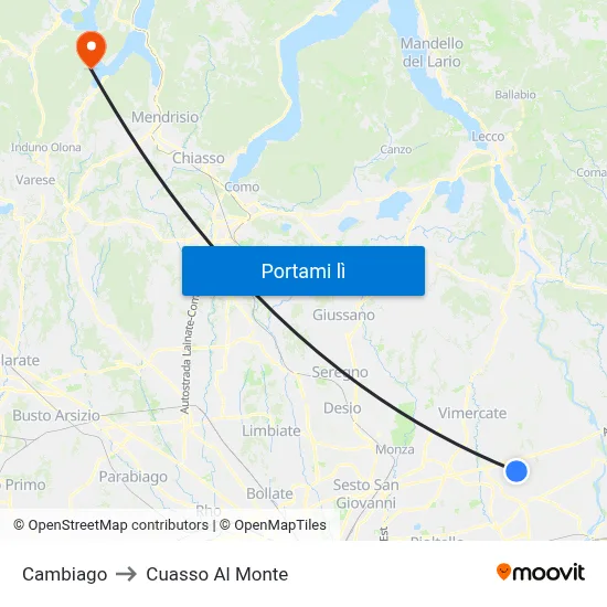 Cambiago to Cuasso Al Monte map