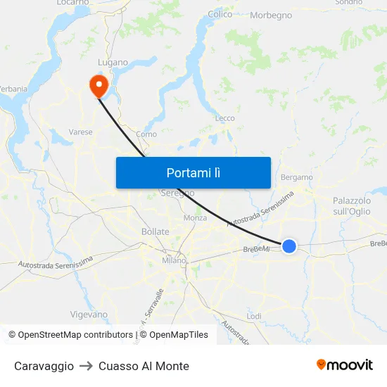 Caravaggio to Cuasso Al Monte map