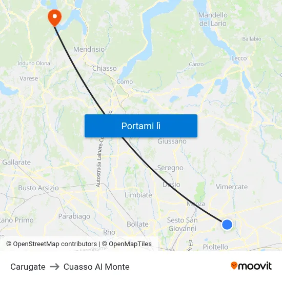 Carugate to Cuasso Al Monte map