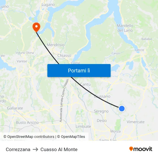 Correzzana to Cuasso Al Monte map