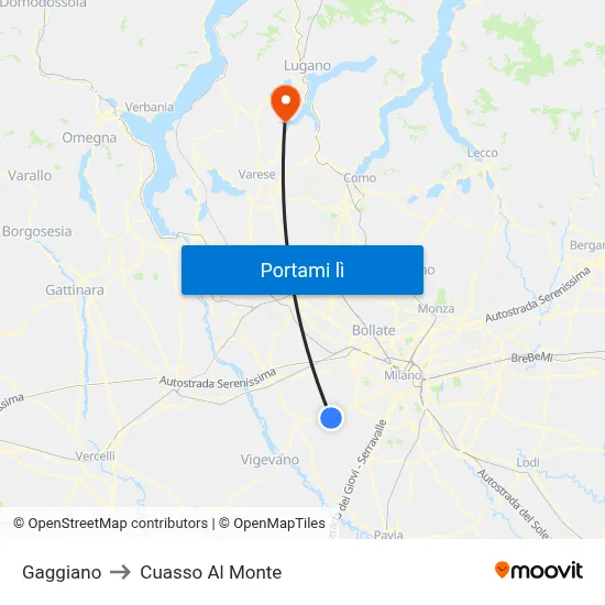 Gaggiano to Cuasso Al Monte map
