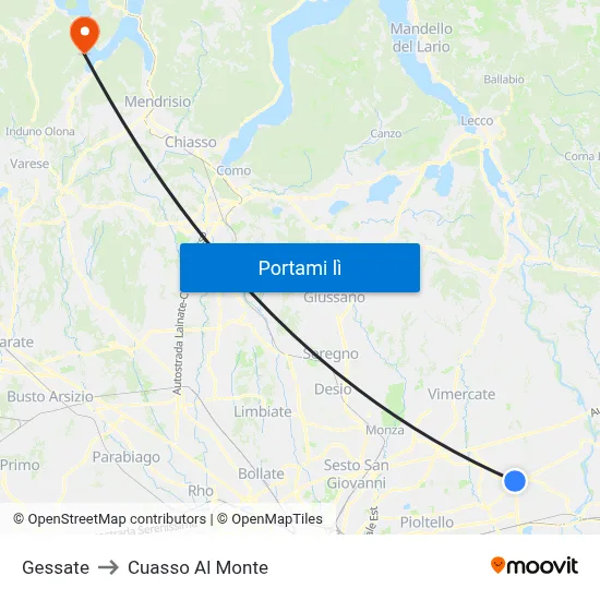 Gessate to Cuasso Al Monte map