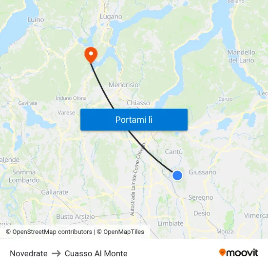 Novedrate to Cuasso Al Monte map