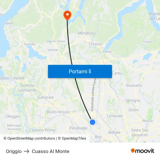 Origgio to Cuasso Al Monte map