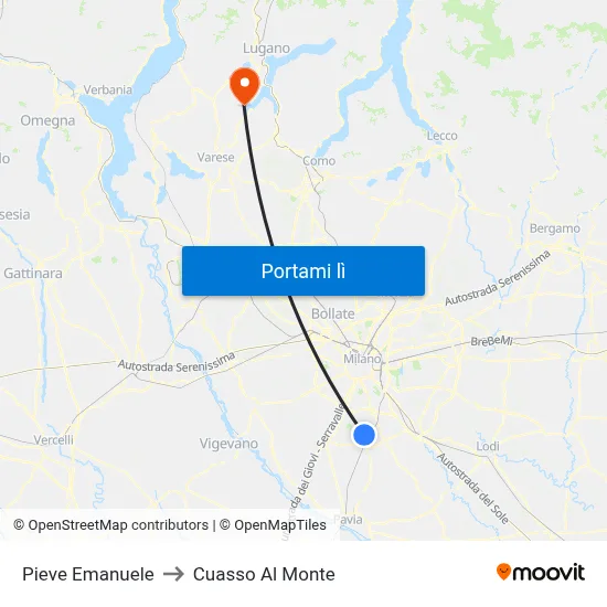Pieve Emanuele to Cuasso Al Monte map