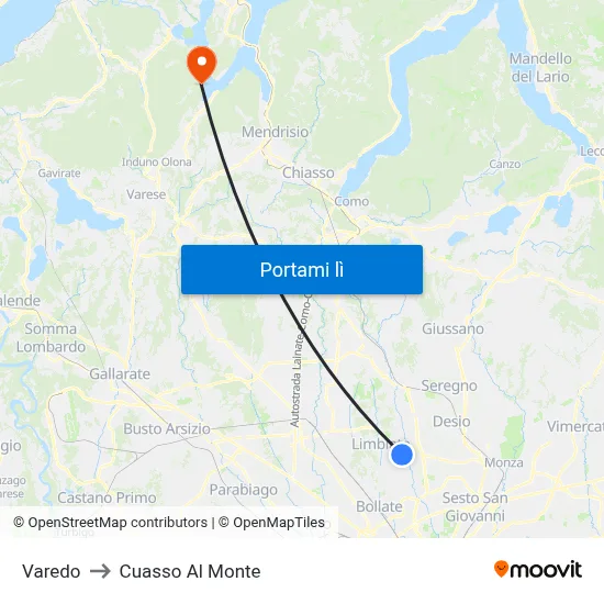 Varedo to Cuasso Al Monte map