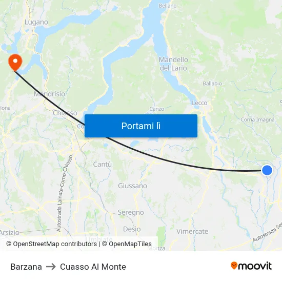 Barzana to Cuasso Al Monte map