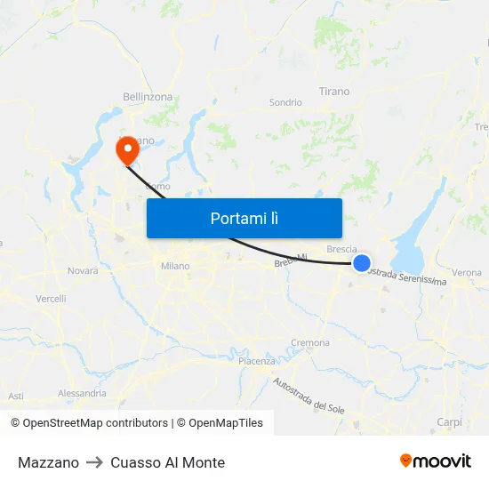 Mazzano to Cuasso Al Monte map