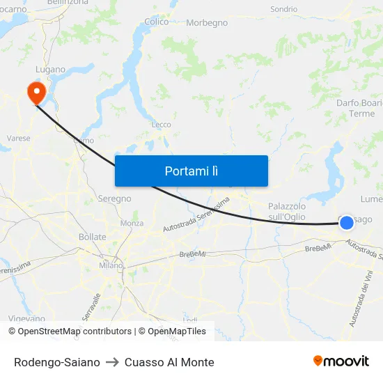 Rodengo-Saiano to Cuasso Al Monte map