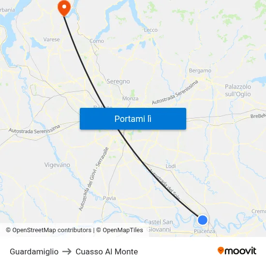 Guardamiglio to Cuasso Al Monte map