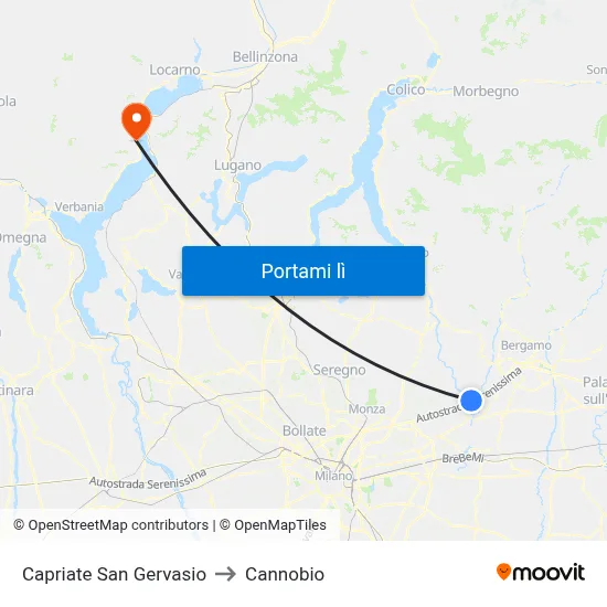 Capriate San Gervasio to Cannobio map