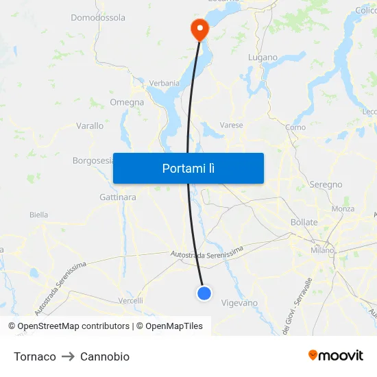 Tornaco to Cannobio map