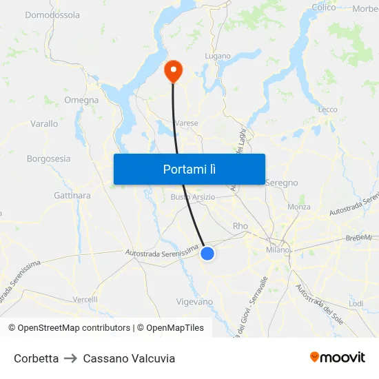 Corbetta to Cassano Valcuvia map