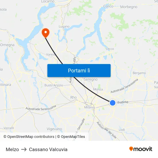 Melzo to Cassano Valcuvia map