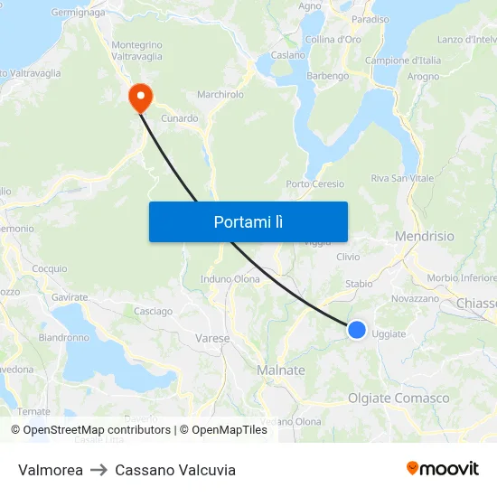 Valmorea to Cassano Valcuvia map