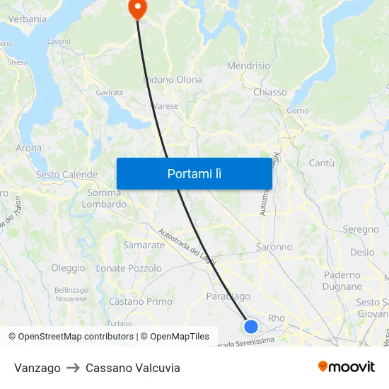 Vanzago to Cassano Valcuvia map