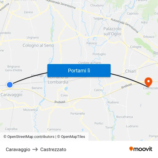 Caravaggio to Castrezzato map